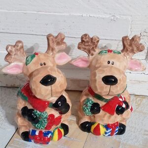 Vintage 90s Cellini Reindeer Salt & Pepper Shakers Hand Painted Christmas Mint